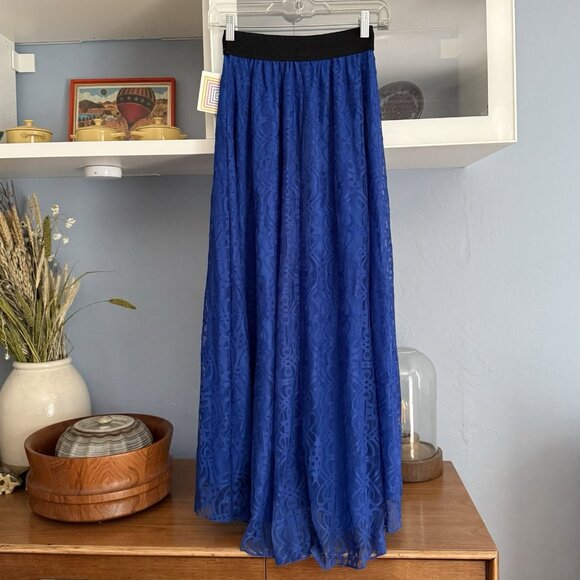 LuLaRoe Lucy Blue Lace Lined A-Line Maxi Skirt XXS Boho Flowy Whimsy - Picture 3 of 5